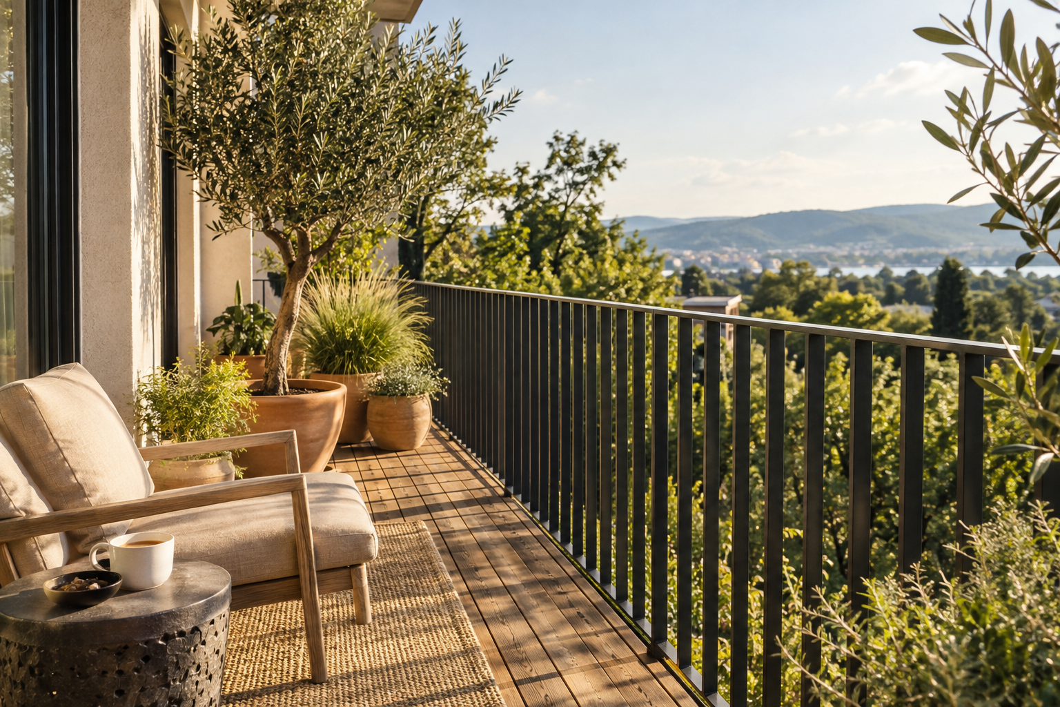 Balcone soleggiato con ringhiera antracite, piante e poltrona da esterno